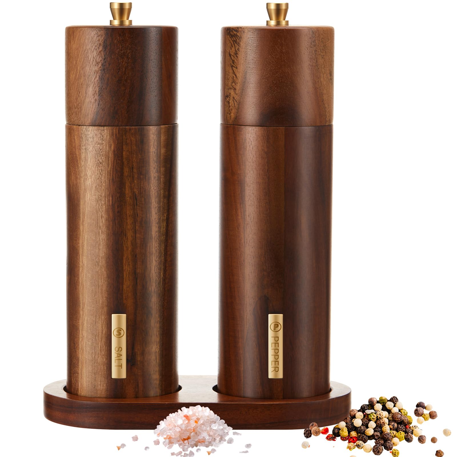 Molinillos LOYIM de sal y pimienta en madera, diseño compacto para cocinas modernas.