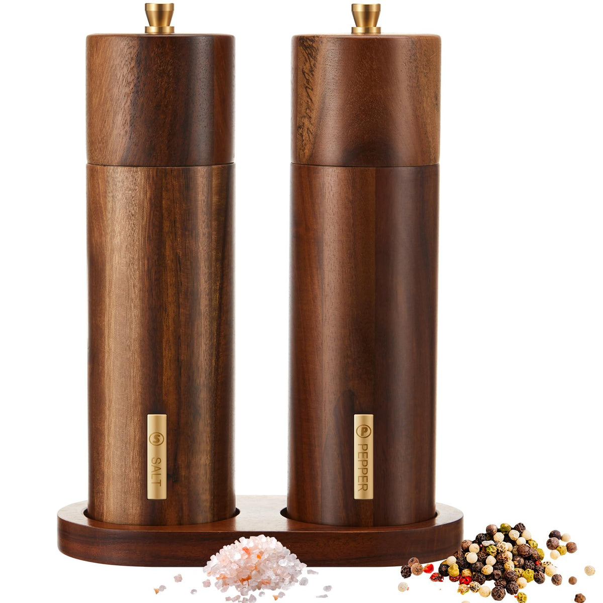 Molinillos LOYIM de sal y pimienta en madera, diseño compacto para cocinas modernas.
