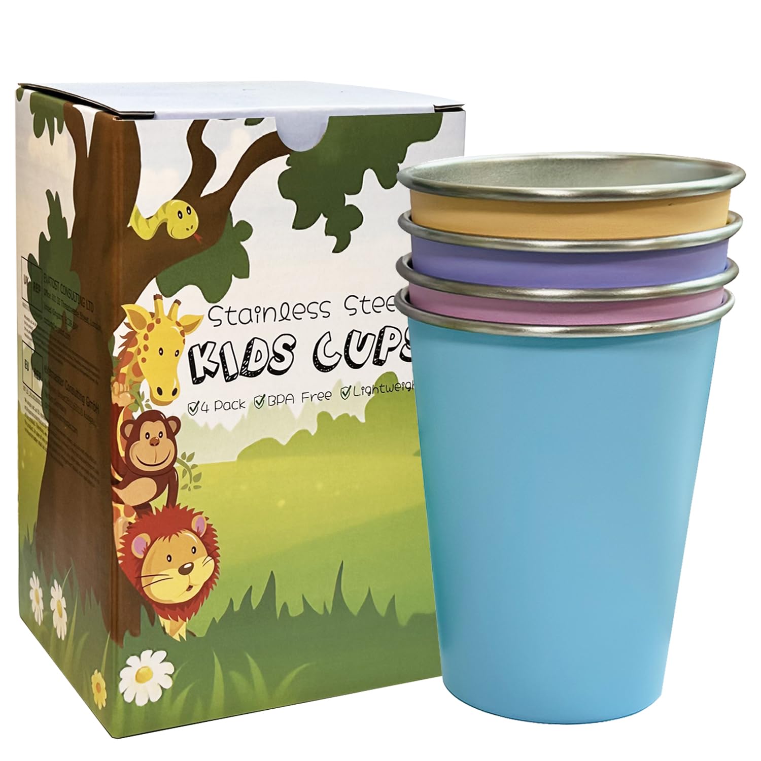 Vasos LOZACHE de acero inoxidable 12 oz, conjunto de 4, duraderos para niños.