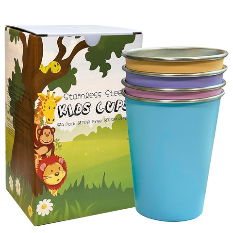 Vasos LOZACHE de acero inoxidable 12 oz, conjunto de 4, duraderos para niños.