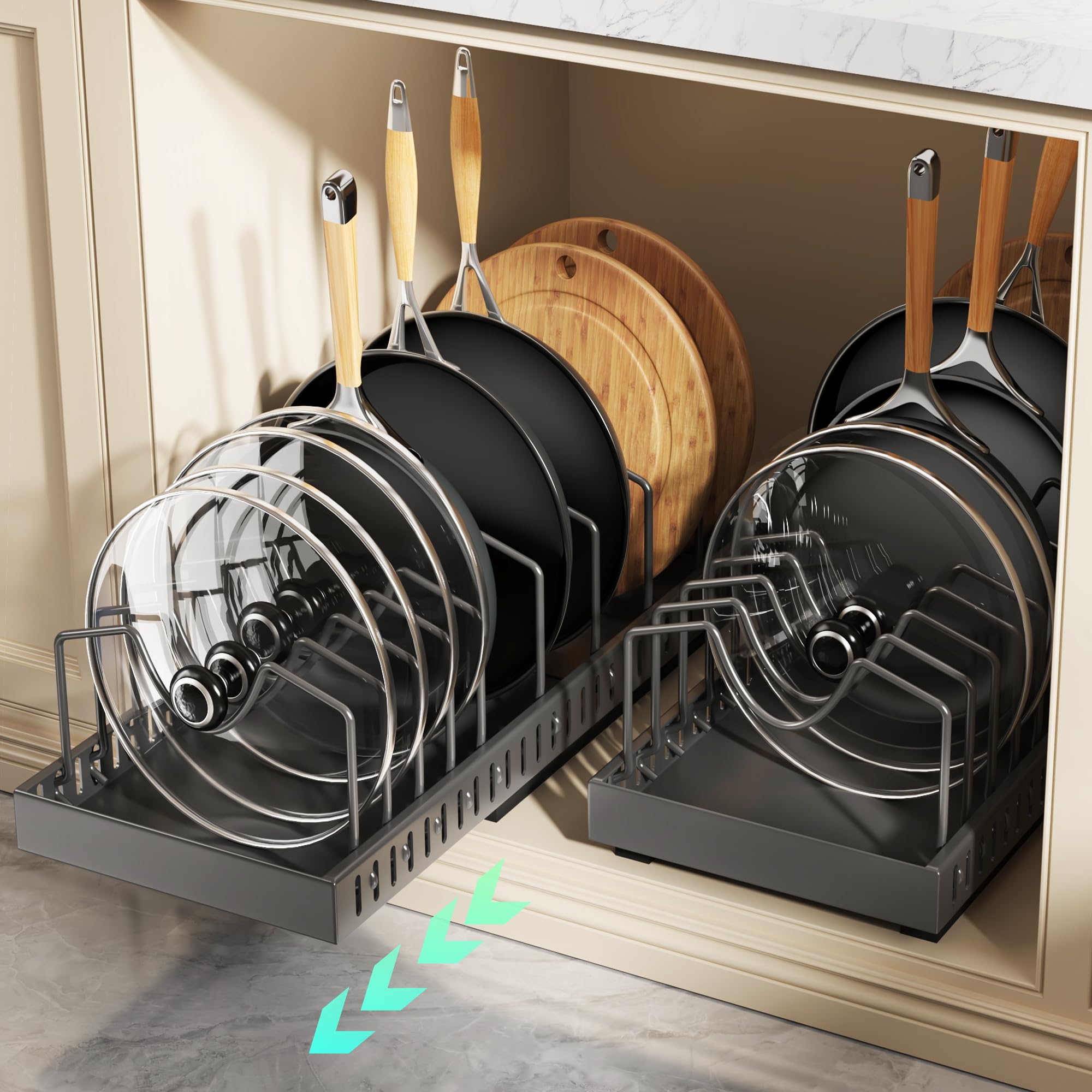 Lozovin organizador deslizante para cazuelas bajo mueble facilita el acceso y ahorro de espacio.