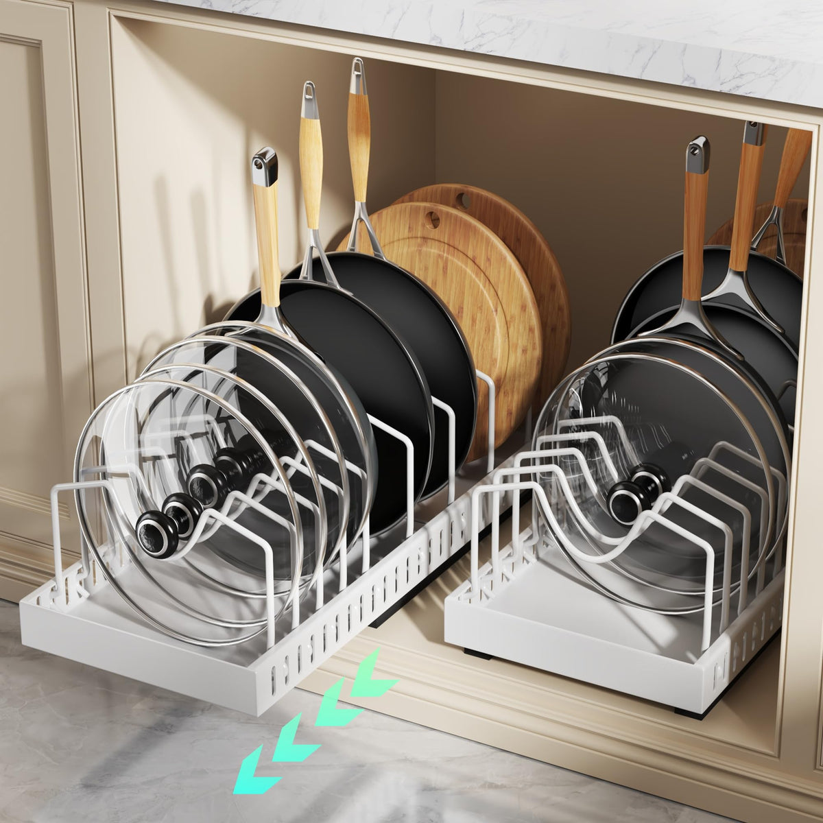 Lozovin organizador deslizante para ollas y sartenes con acceso rápido.