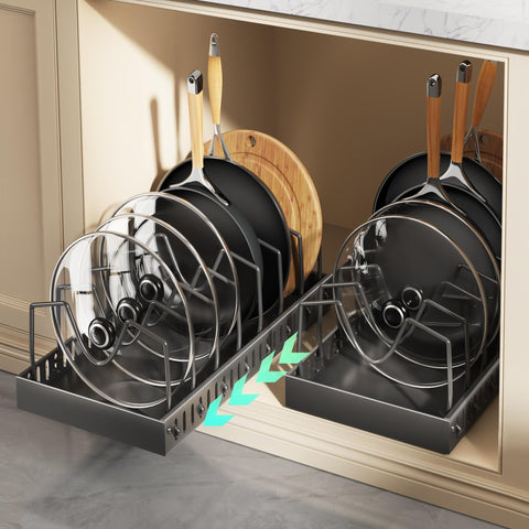Organizador Lozovin para ollas y sartenes deslizable, acceso rápido y orden en la cocina.