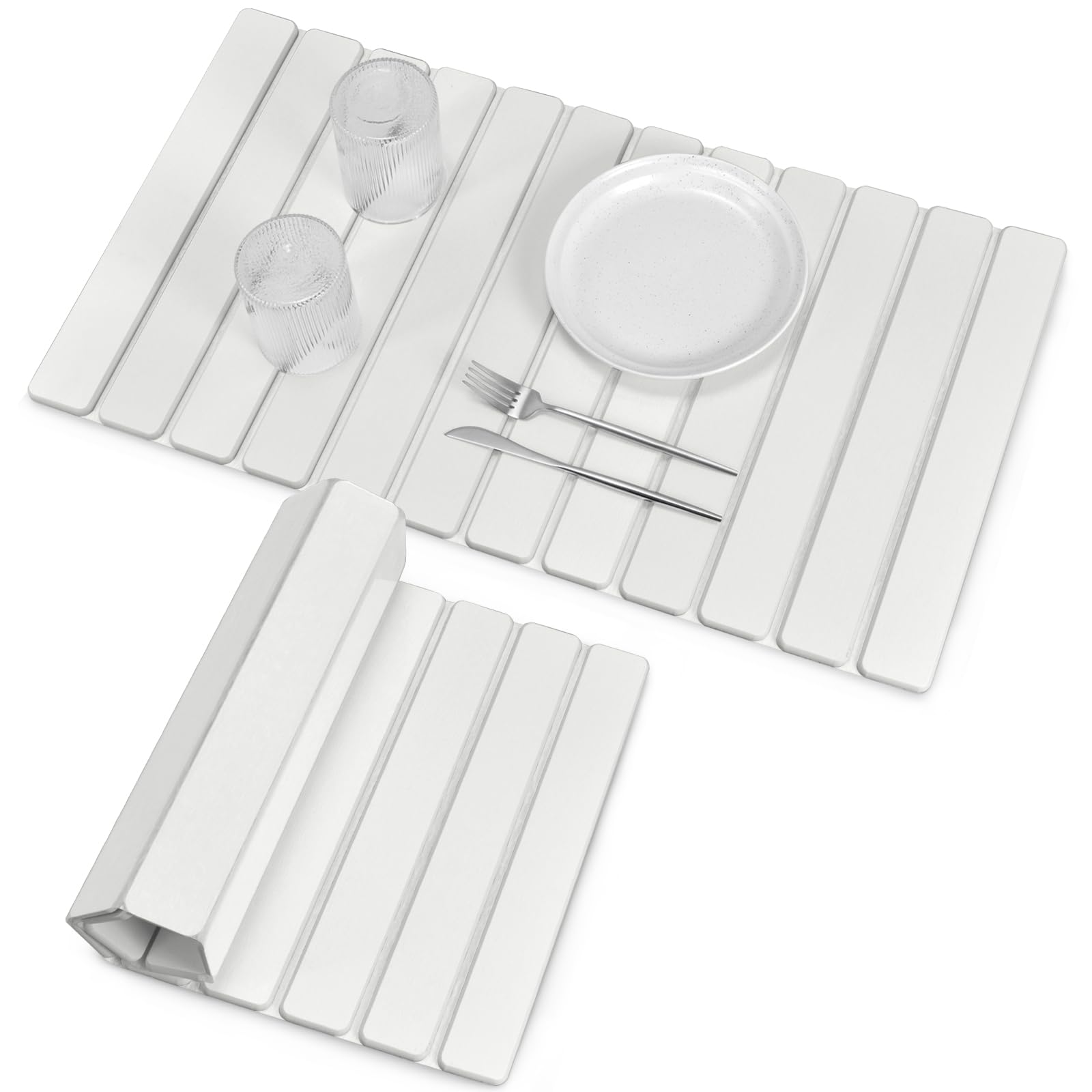 Alfombrilla Lprmnnc para secar platos de piedra extragrande desplegada en la encimera, absorbe agua.