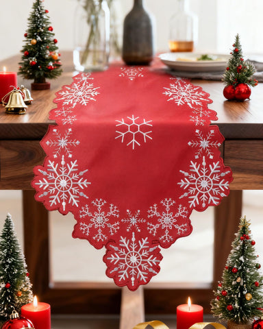LRDOVIS camino de mesa navideño con copos de nieve en rojo, ideal para cenas festivas
