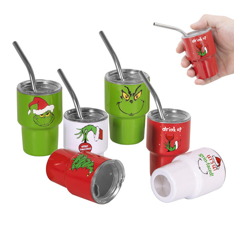 LSBIYUTEFO mini shot en acero inoxidable con tapas y pajitas, ideal para fiestas navideñas.