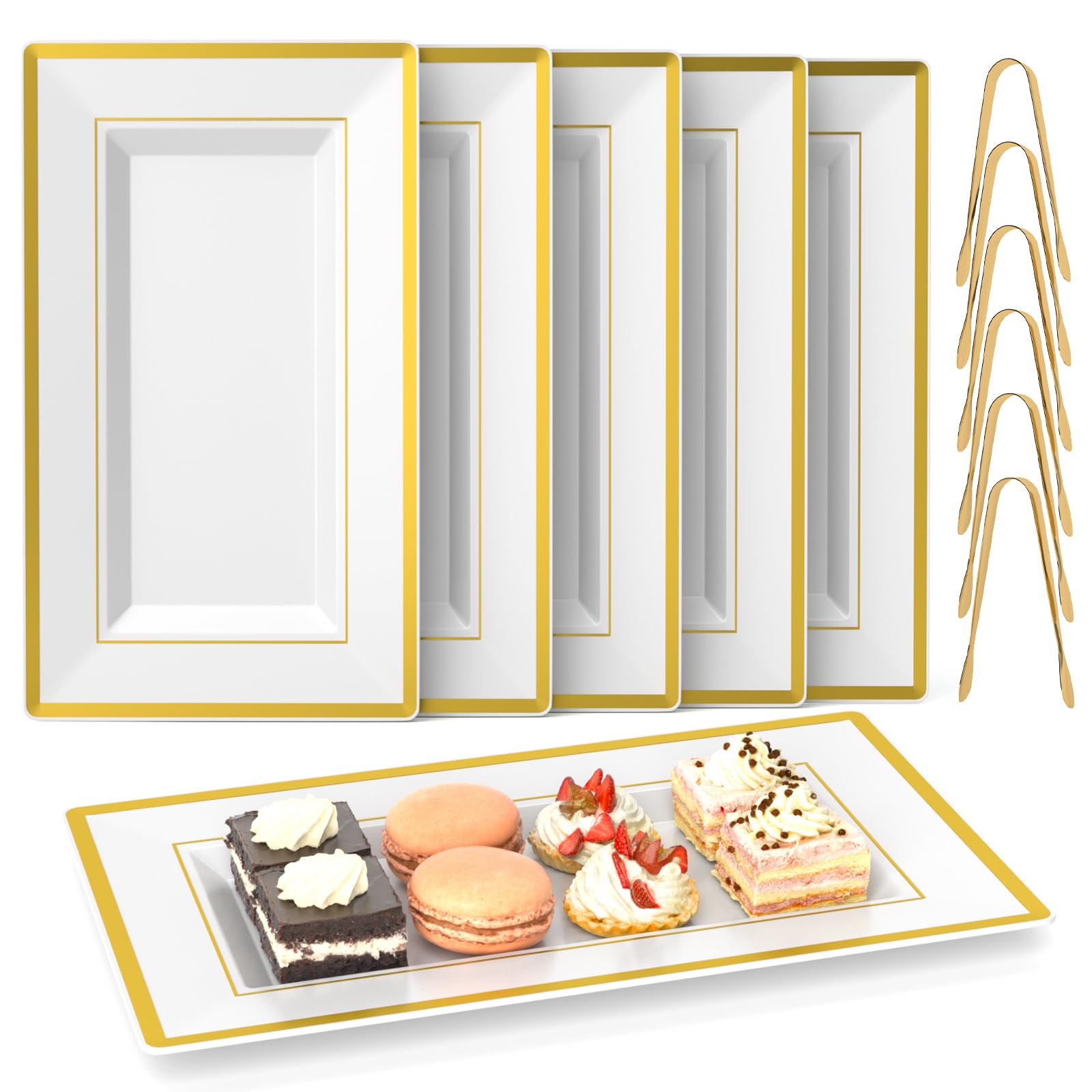 LUCKJUJU: bandejas plásticas blancas con borde dorado para servir en eventos