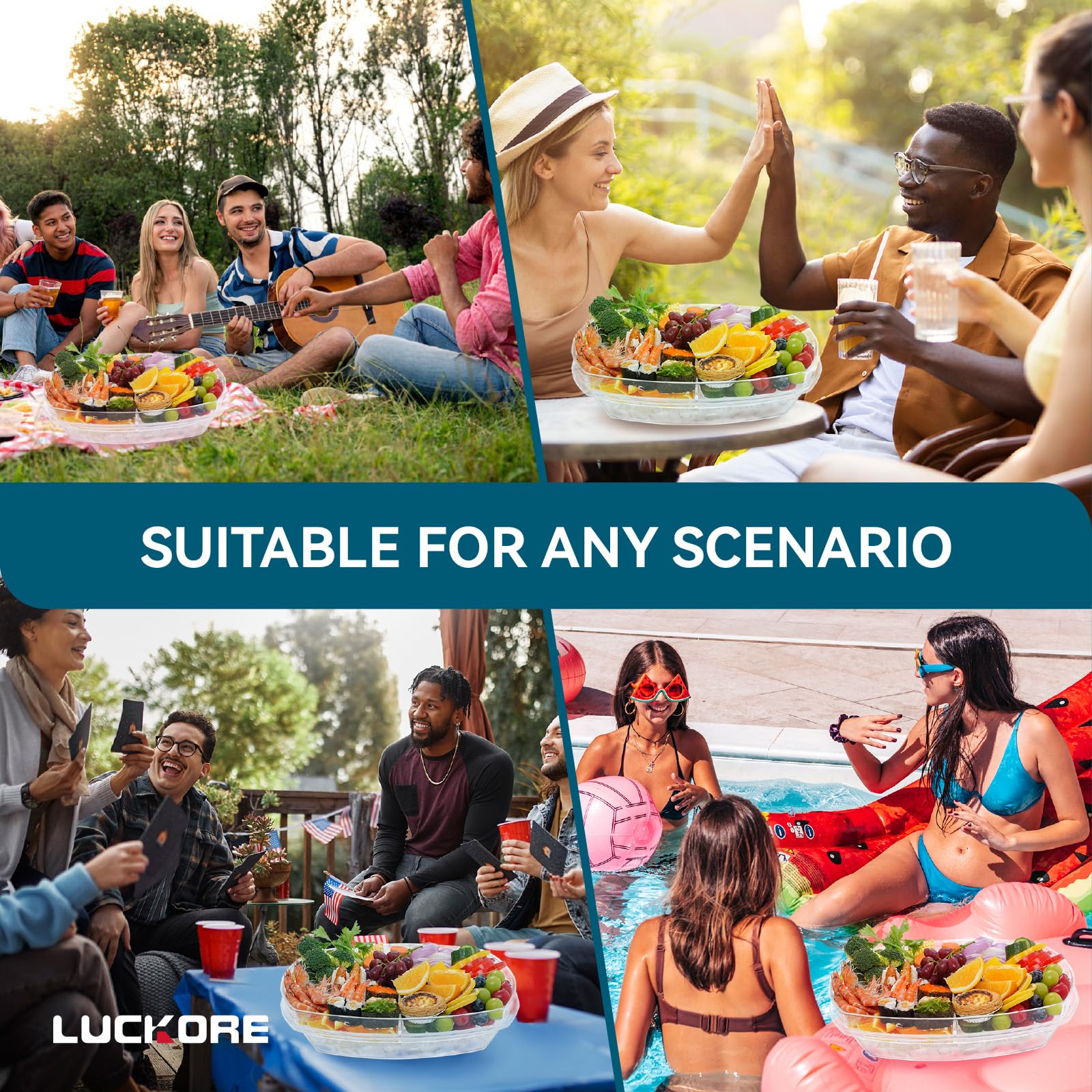 Luckore uso interior y exterior, ideal para reuniones en casa o al aire libre.