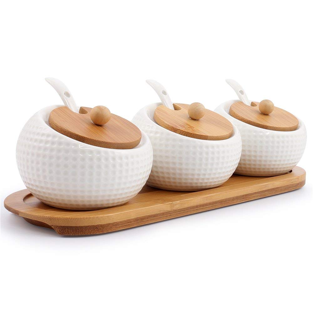 Lucky Goddness jarras de especias de porcelana con tapas de bambú para encimeras ordenadas