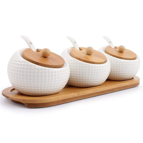 Lucky Goddness jarras de especias de porcelana con tapas de bambú para encimeras ordenadas