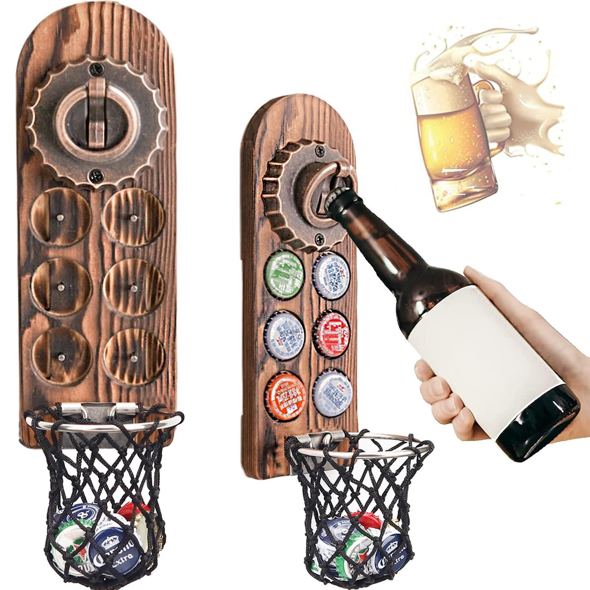 Abrebotellas Lucylanker con capturador de pared para mantener tapas seguras y ordenar la barra.
