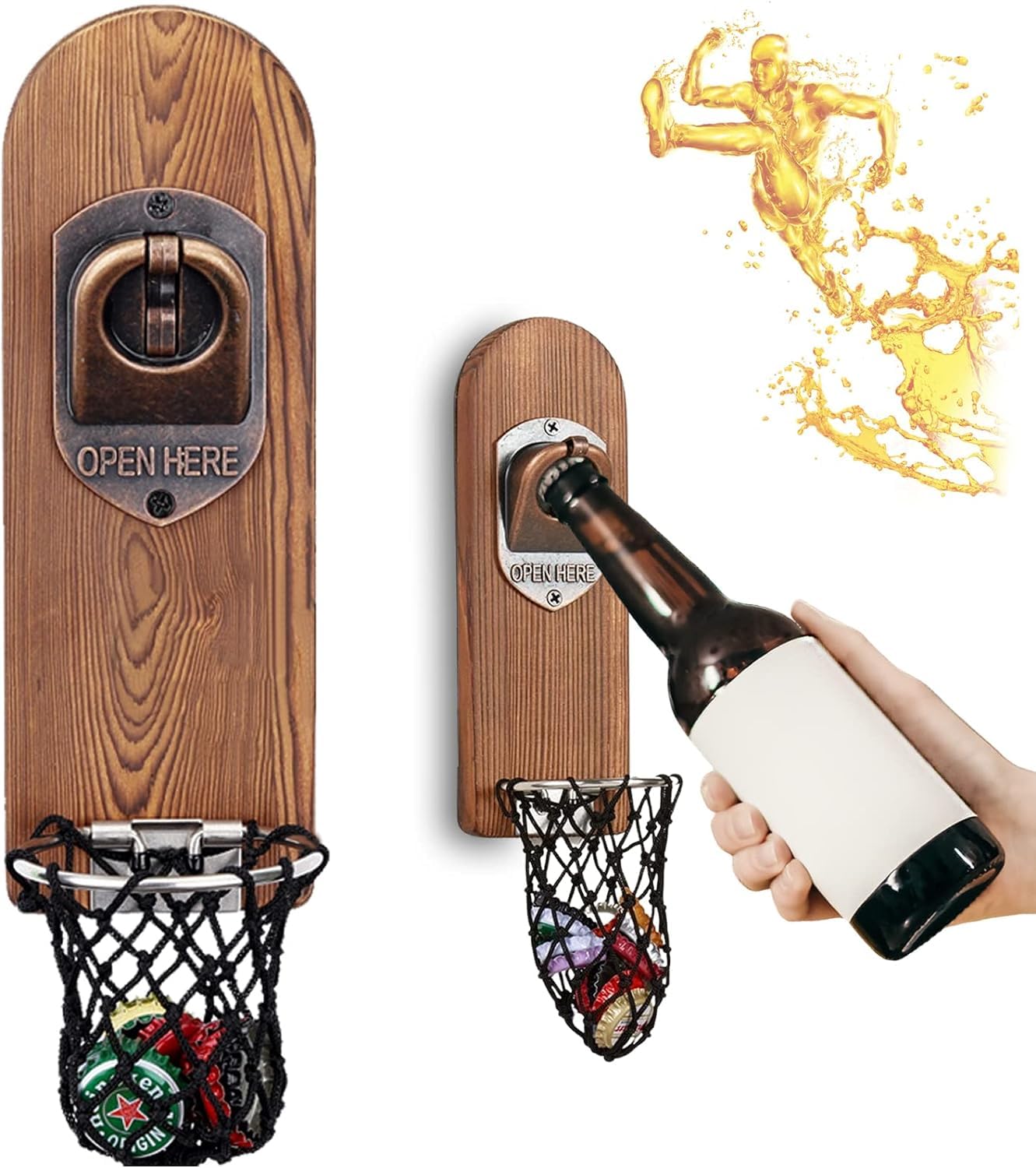 LUCYLANKER abrebotellas de pared con imán y base de madera sólida para uso diario.