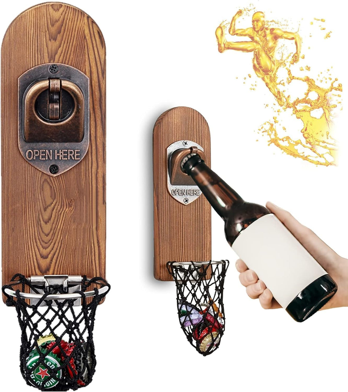 LUCYLANKER abrebotellas de pared con imán y base de madera sólida para uso diario.