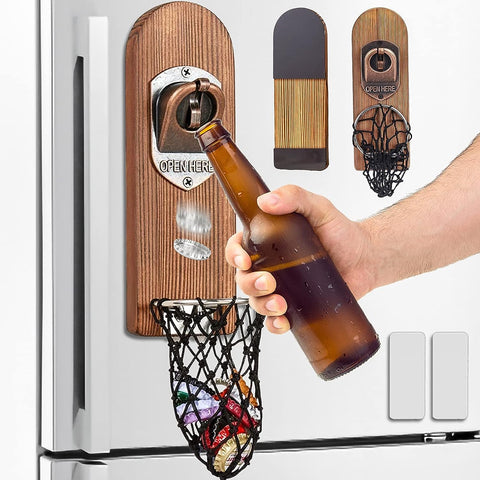 LUCYLANKER abrebotellas de pared con imán y mango en madera para fácil manejo.