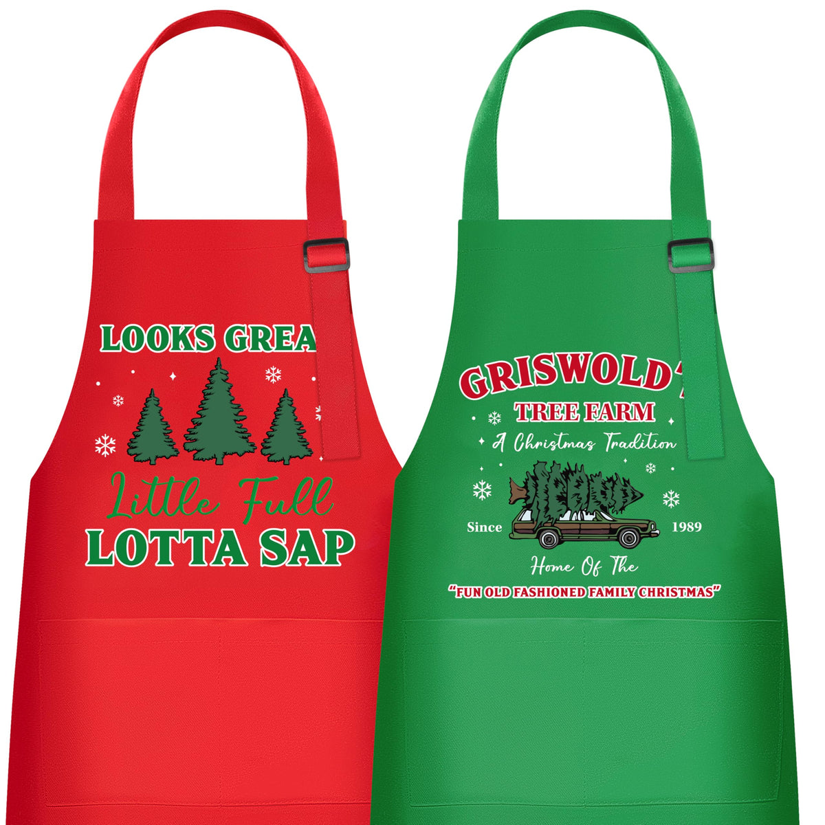 Delantal Luiqs Vens para parejas con árbol navideño, ideal para cocinar juntos.
