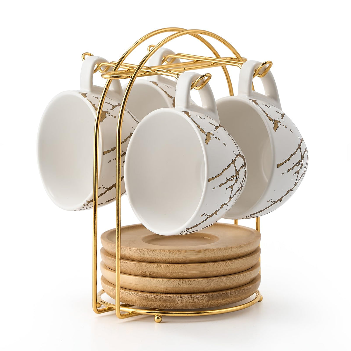 Tazas demitasse Luka con platillo y soporte metálico para presentación elegante.