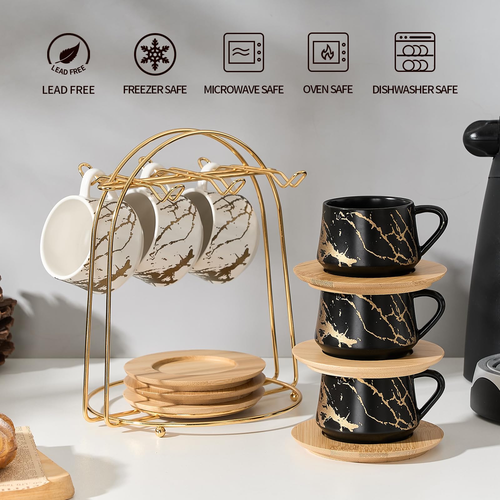 Tazas Luka cerámica marmolado blanco negro, estilo moderno para cualquier mesa.