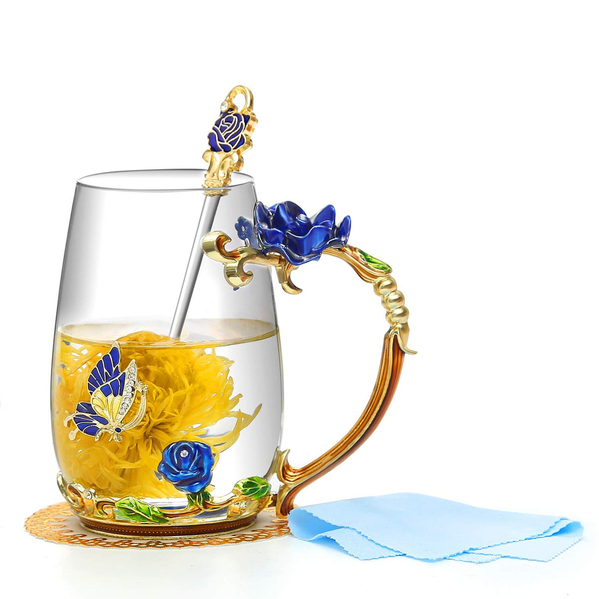 Taza Luka Tech Enamels con mariposa y rosa, diseño 3D para té o café