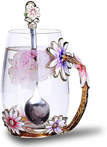 Taza Luka Tech de vidrio esmaltado con flor púrpura, ideal para té o café.