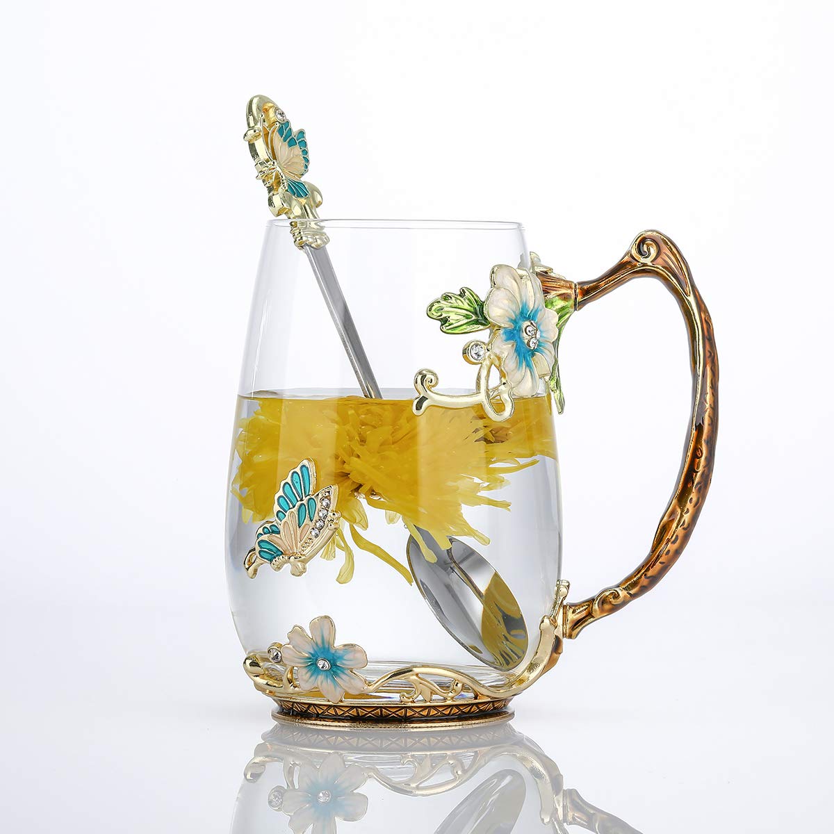 Taza Luka Tech esmaltada con mariposa y flor para té o café