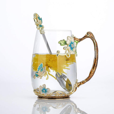 Taza Luka Tech esmaltada con mariposa y flor para té o café