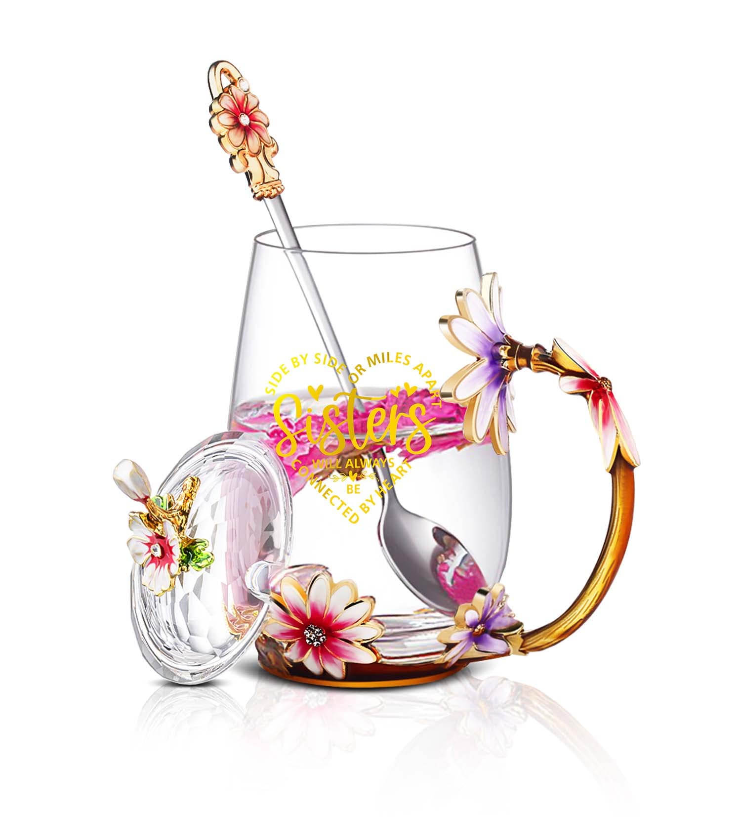 Taza LukaTech con flor 3D, ideal para té o café.