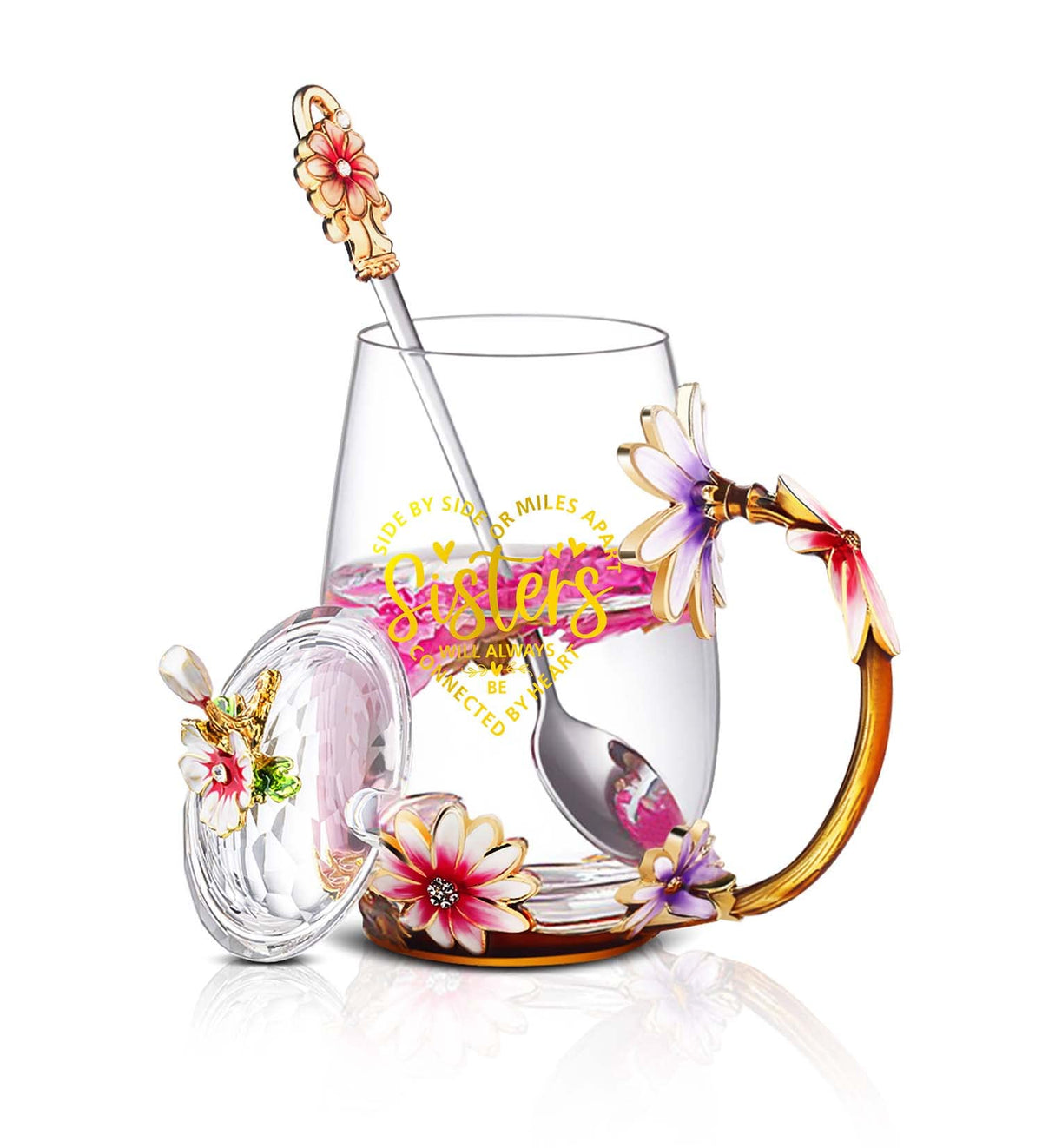 Taza LukaTech con flor 3D, ideal para té o café.