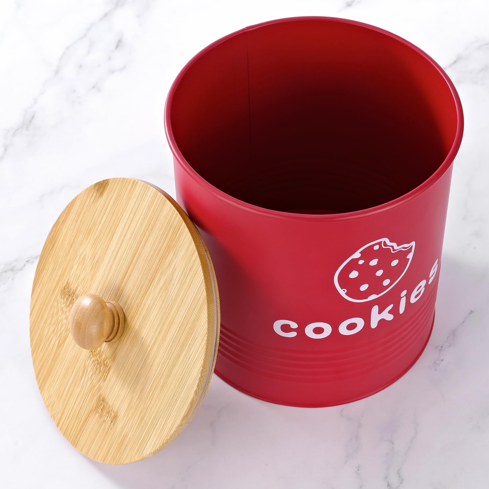 Ambiente de cocina con tarro rojo LUKMILEE para galletas.