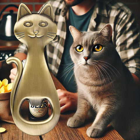 Detalle de arte ferretero: abridor LULLEA con figura de gato.