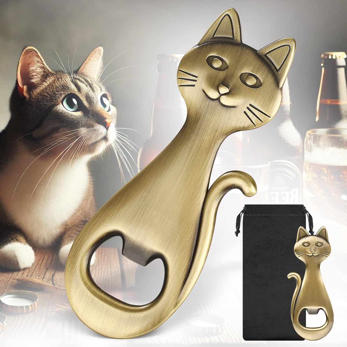 Abridor de cerveza LULLEA con gato en bronce, regalo perfecto para amantes de gatos.