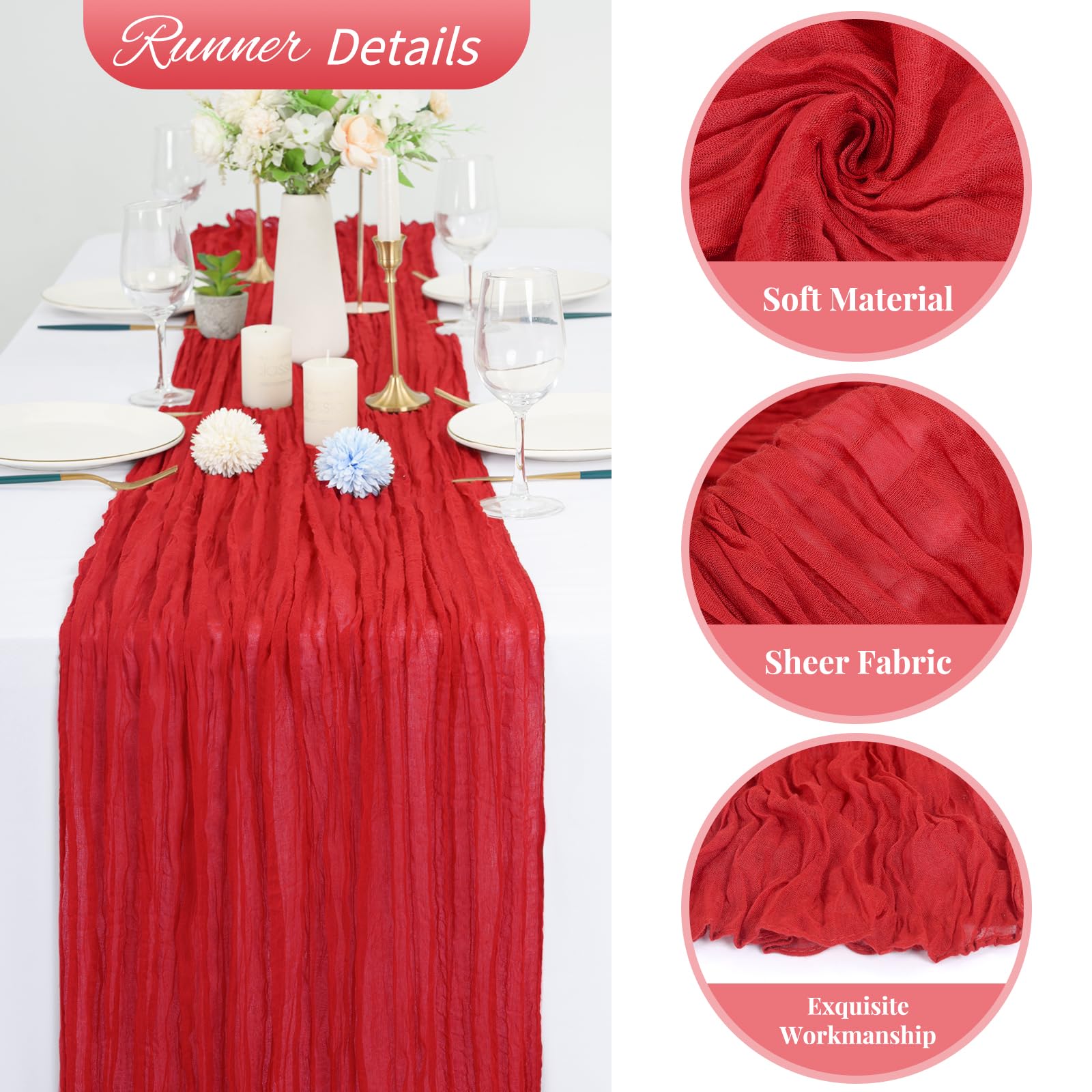 Mantel Lumaycens de gasa rojo para mesas rectangulares, elegante y adaptable