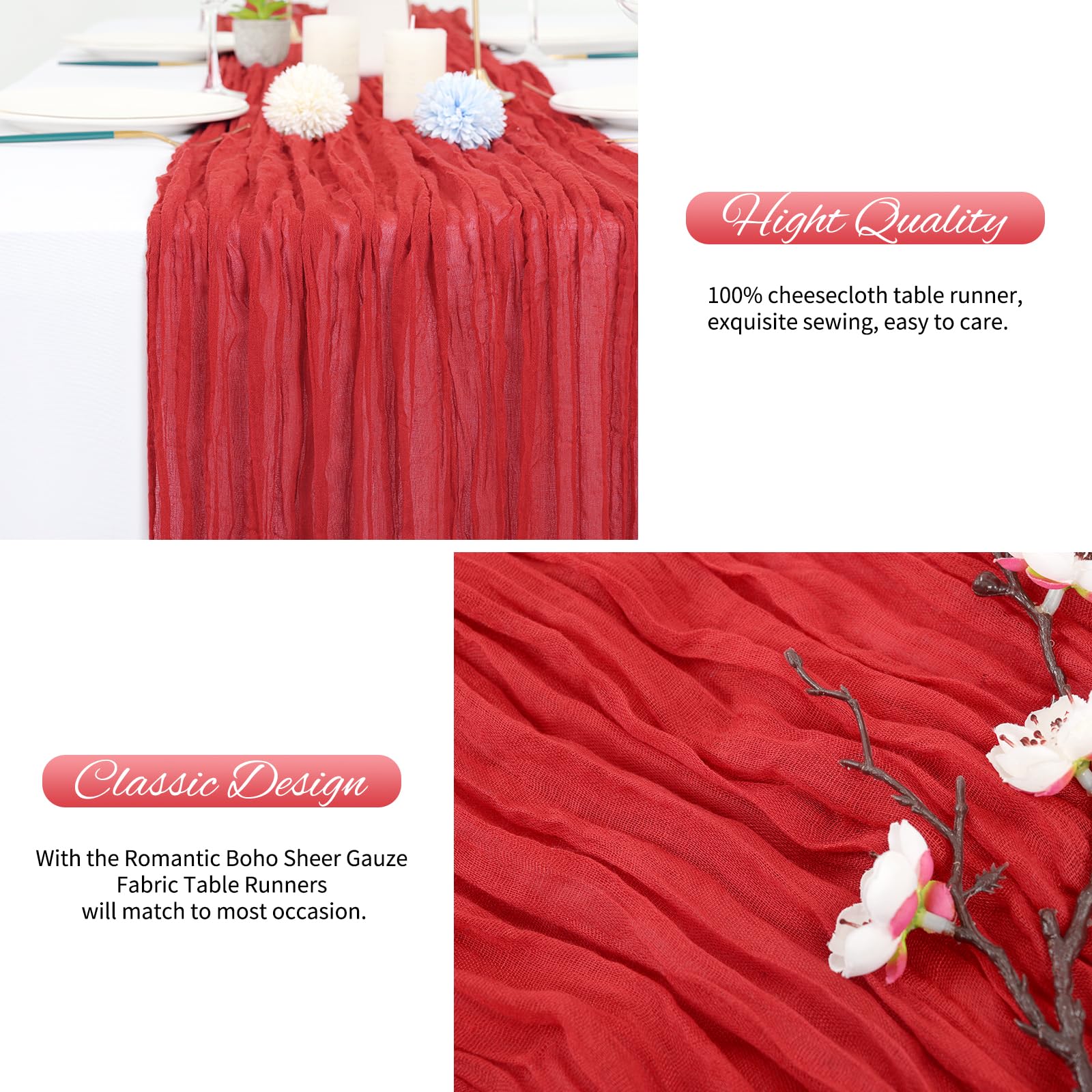 Mantel Lumaycens de gasa rojo con pliegues suaves, textura atractiva