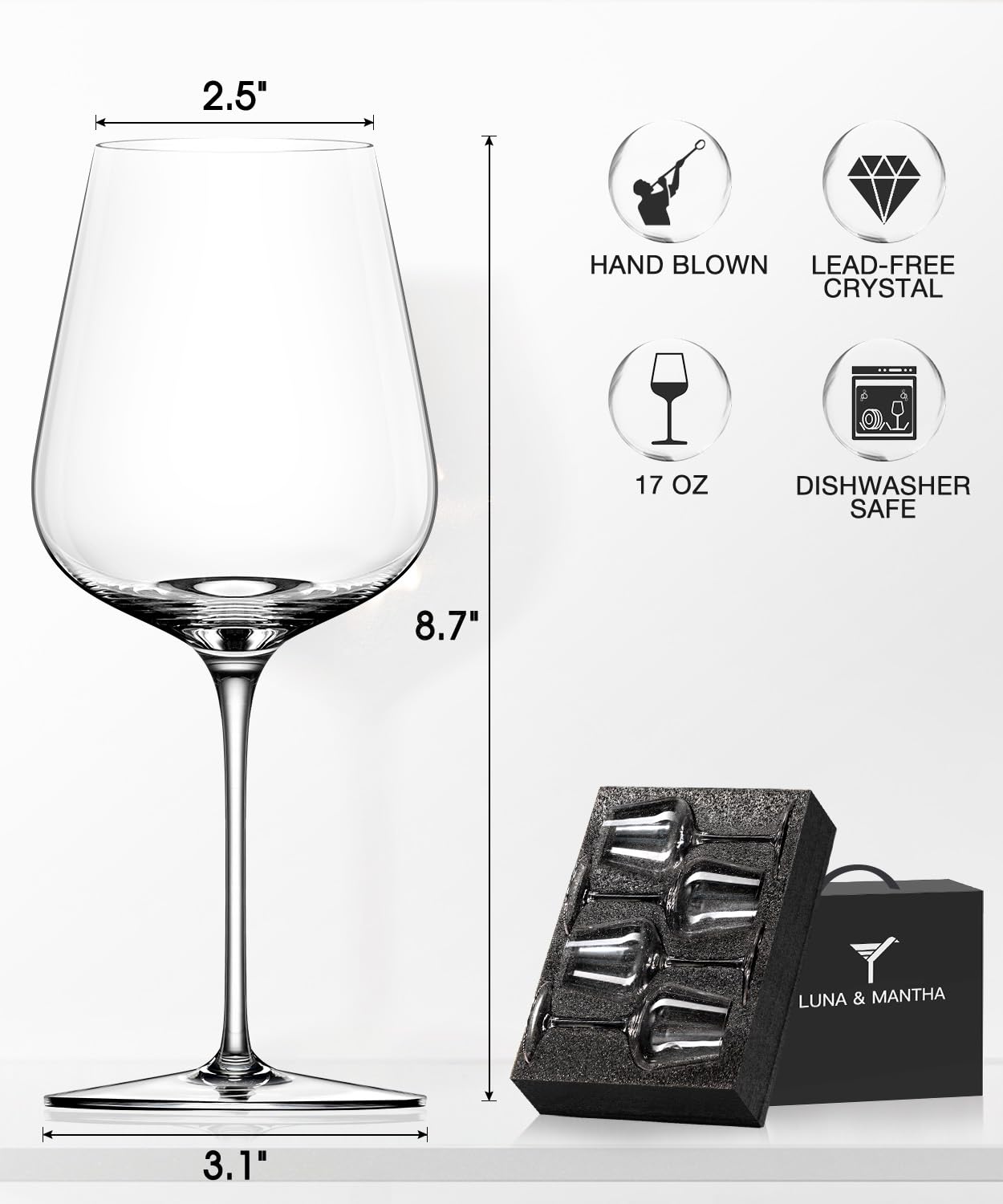 Copa Luna y Mantha con diseño de tallo delgado para mayor ligereza.