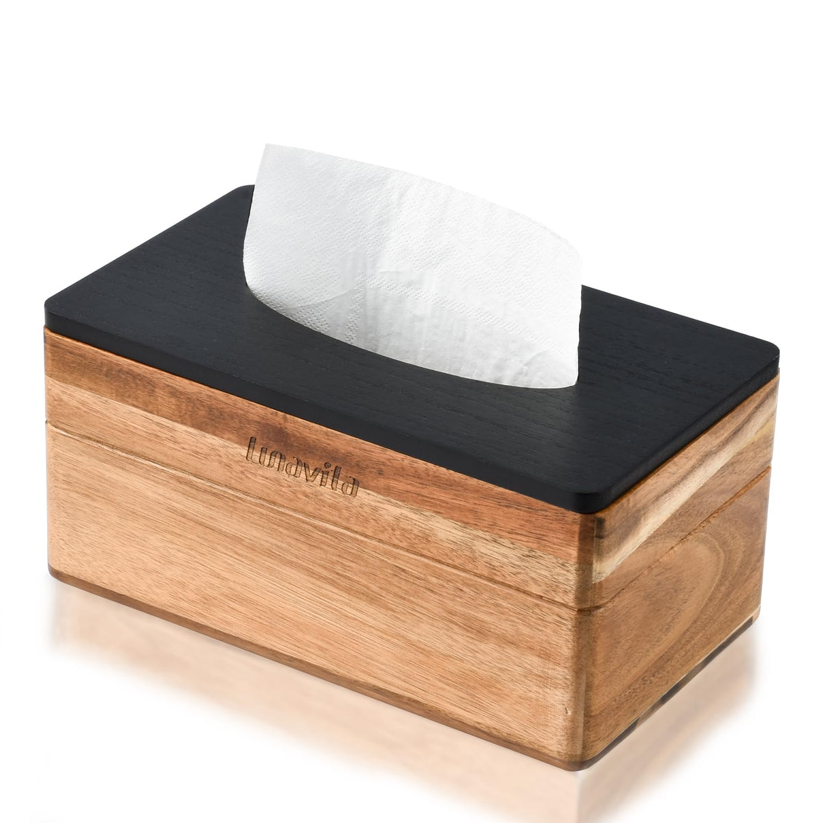 Lunavita tapa para pañuelos frontal mostrando diseño elegante y almacenamiento ordenado