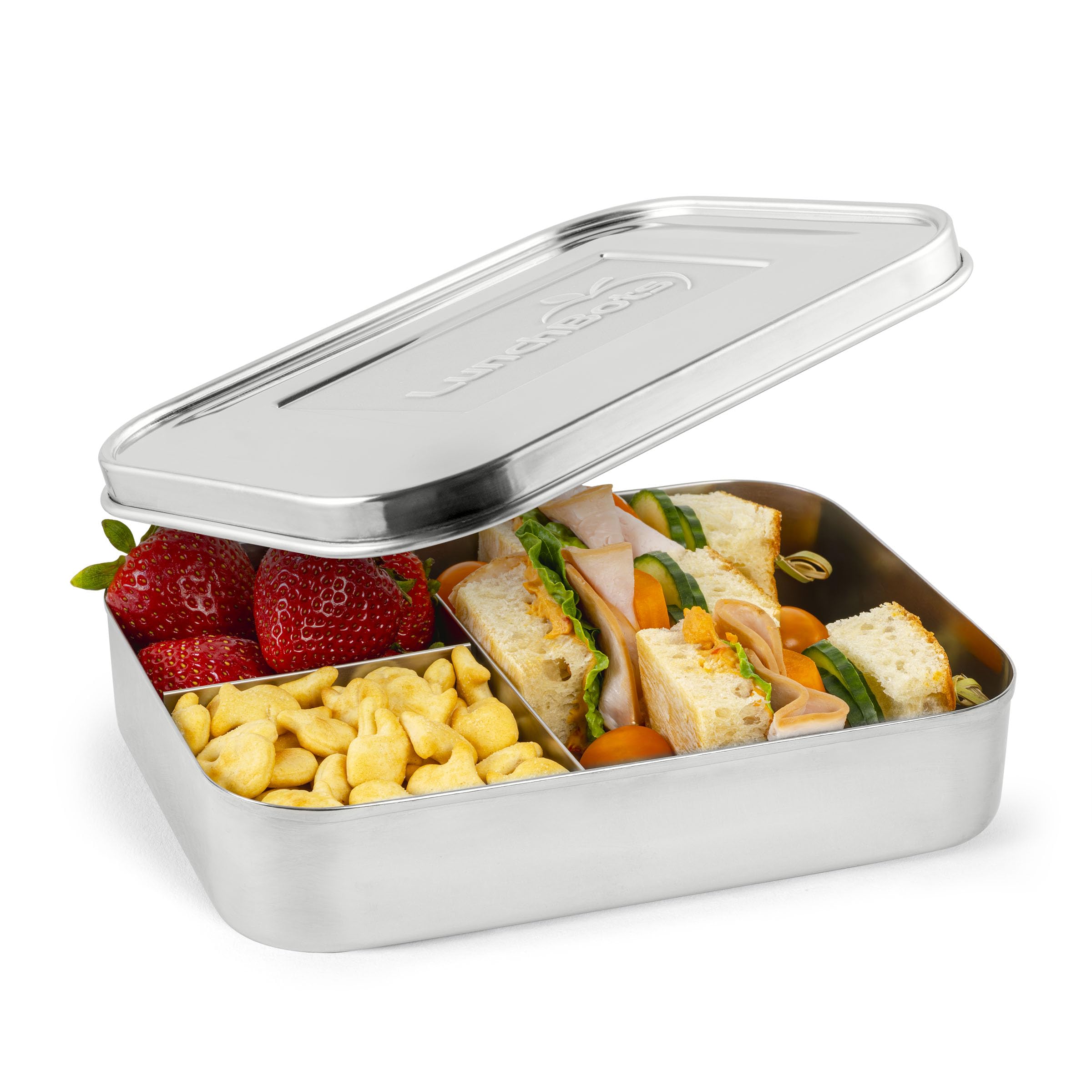 LunchBots Large Trio, contenedor de almuerzo de acero, tres secciones para separar alimentos.