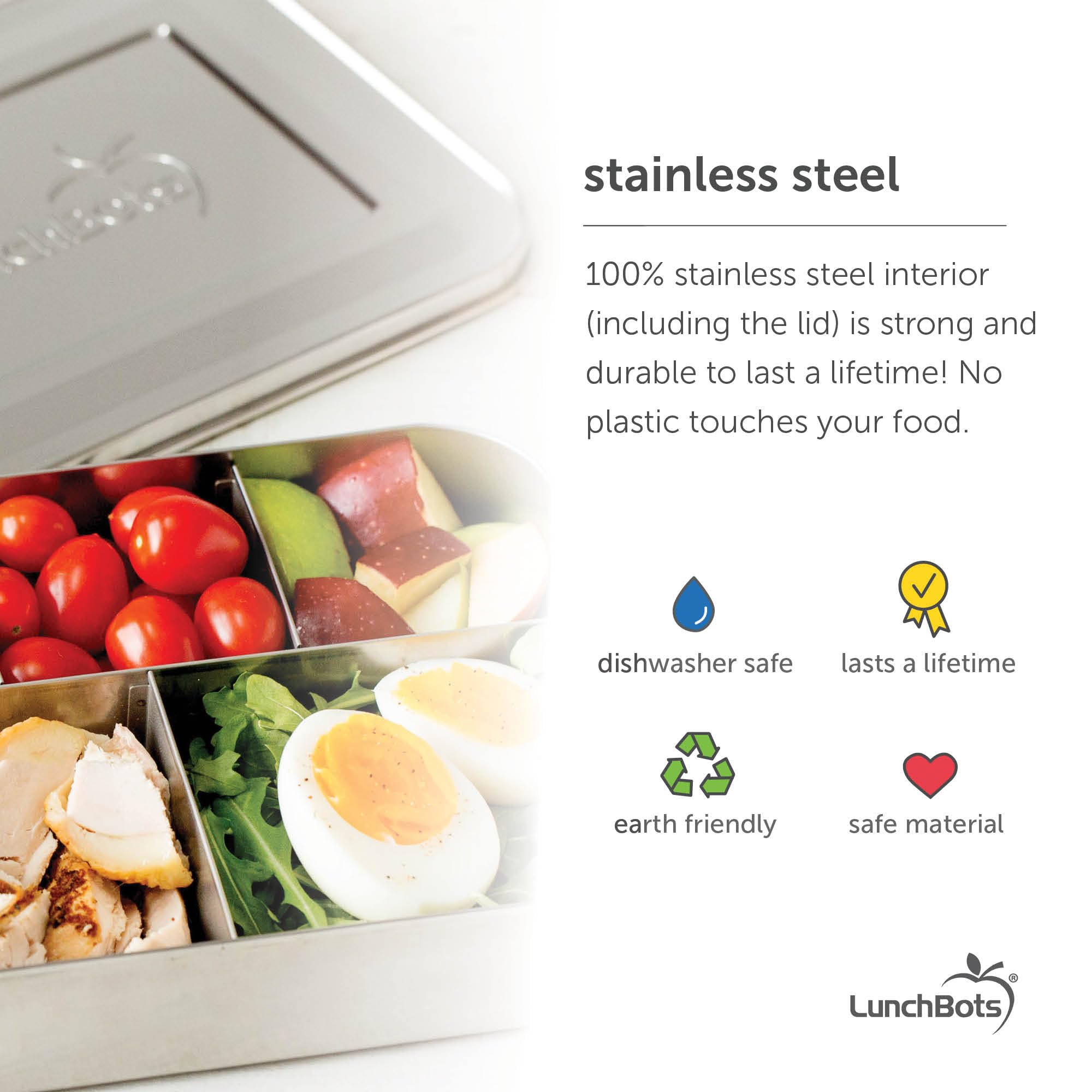 LunchBots Large Trio, tapa de acero inoxidable, durabilidad para uso diario.
