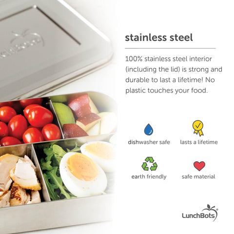 LunchBots Large Trio, tapa de acero inoxidable, durabilidad para uso diario.