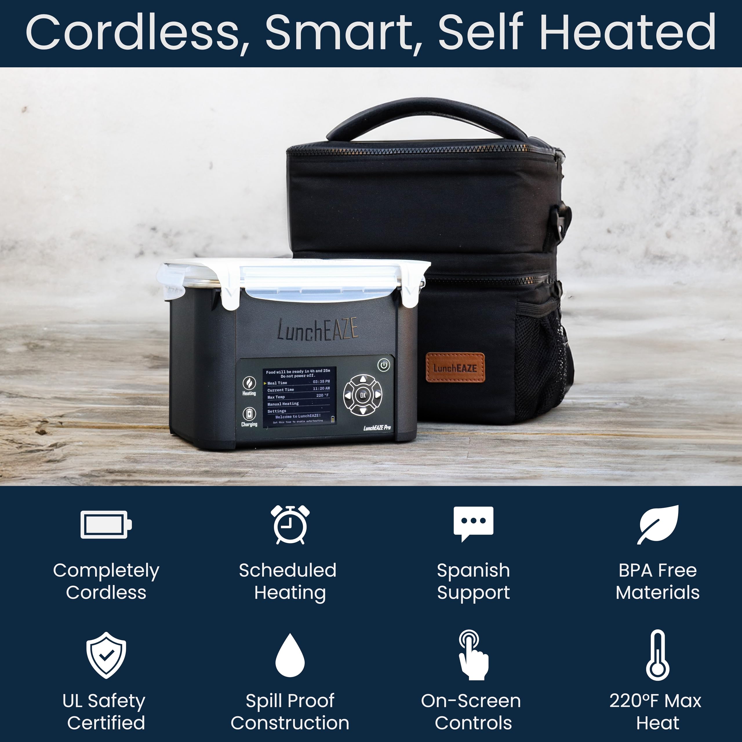 LunchEAZE Pro muestra la batería de 8000mAh para uso prolongado y calor continuo.