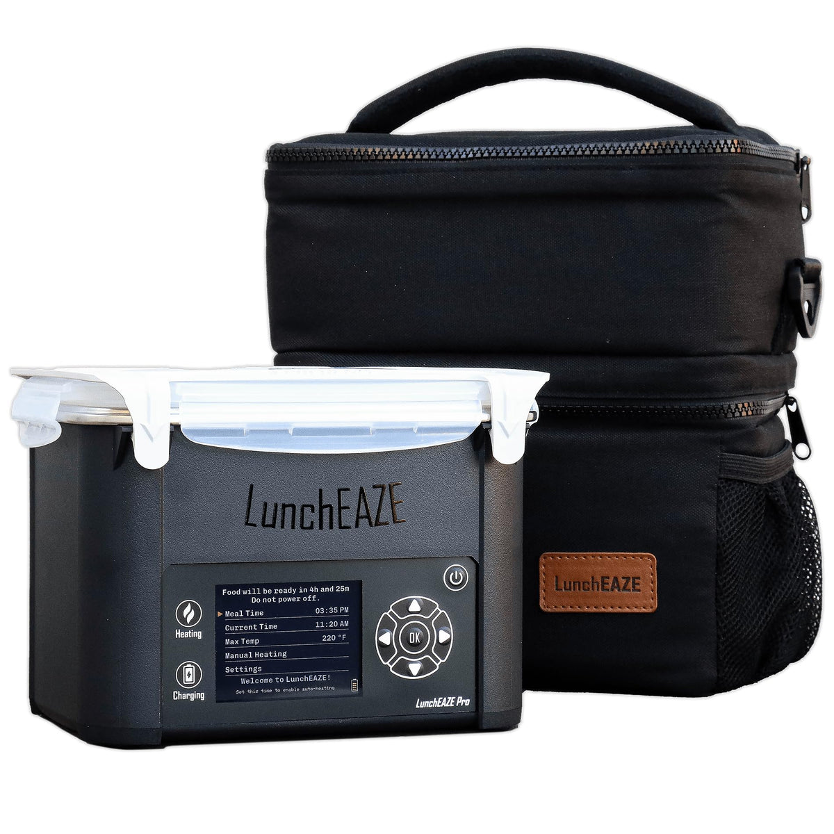 LunchEAZE Pro en primer plano con caja-almuerzo calentador sin cables para movilidad y calor.