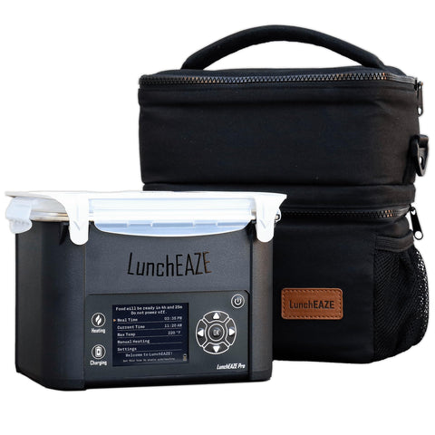 LunchEAZE Pro en primer plano con caja-almuerzo calentador sin cables para movilidad y calor.
