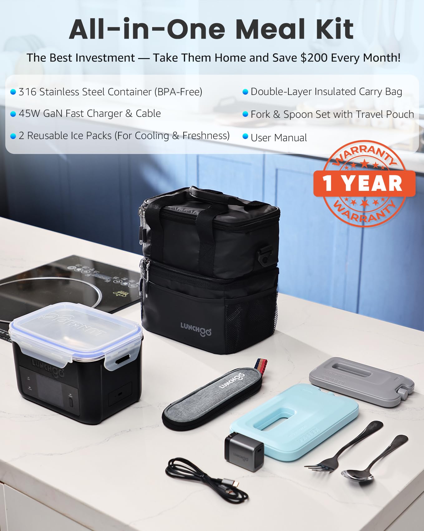 LUNCHGO G1-Standard bolsa aislante de doble capa mantiene la comida caliente