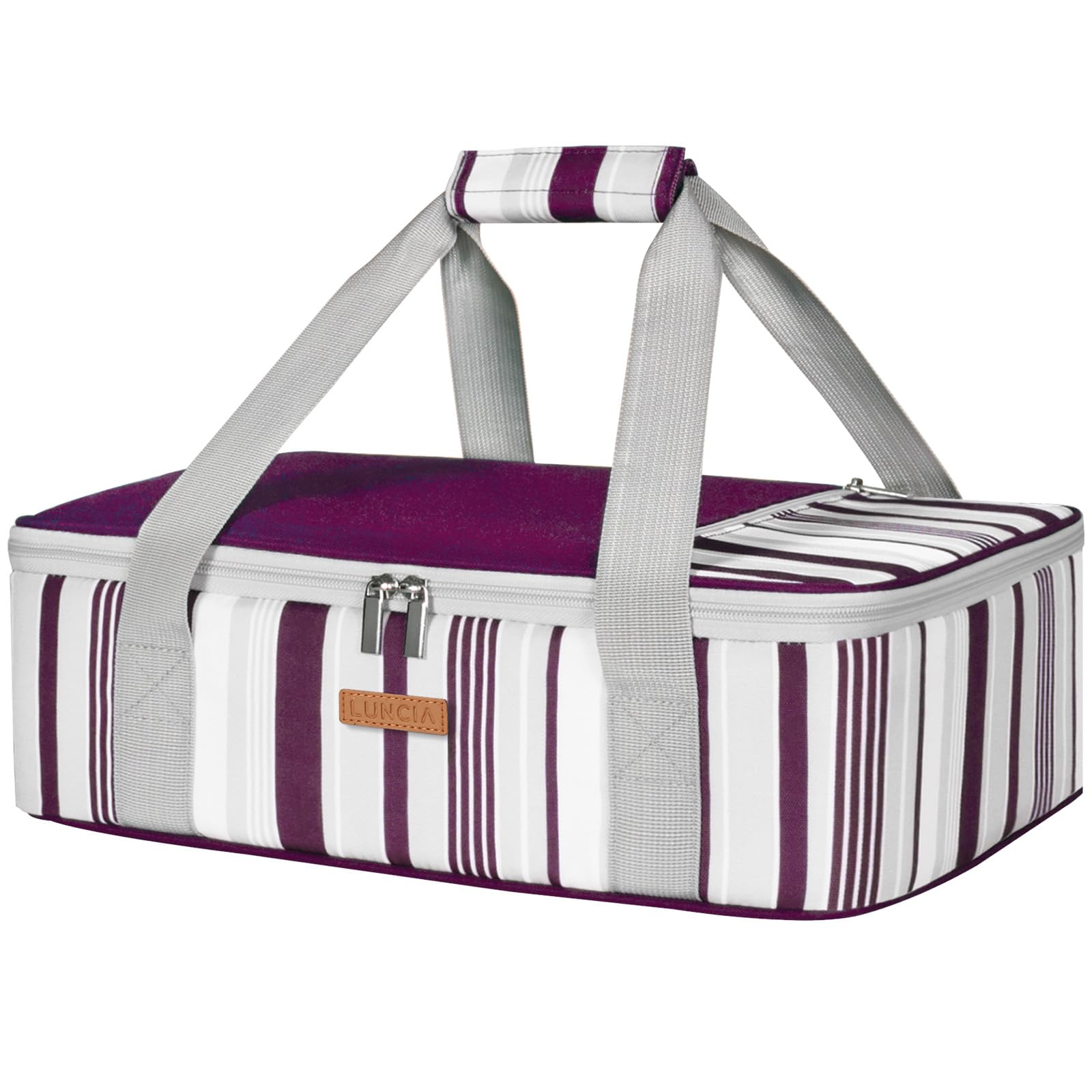Portacazuela aislada LUNCIA, frente morada, ideal para transportar lasañas calientes.