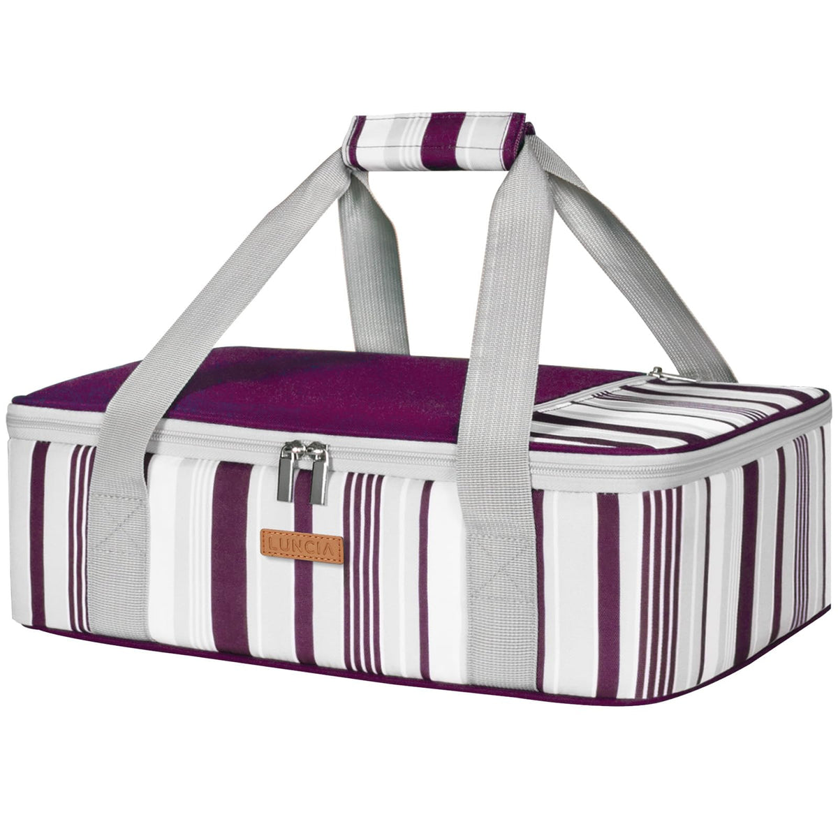 Portacazuela aislada LUNCIA, frente morada, ideal para transportar lasañas calientes.
