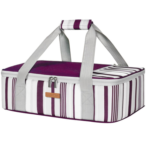 Portacazuela aislada LUNCIA, frente morada, ideal para transportar lasañas calientes.