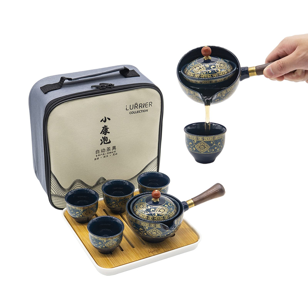 LURRIER set gongfu porcelana azul floral con rotación 360 para servir té fácilmente.