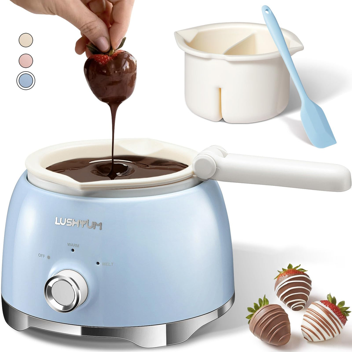 LUSHYUM Chocolate Melting Pot con dos insertos para derretir dos sabores a la vez.