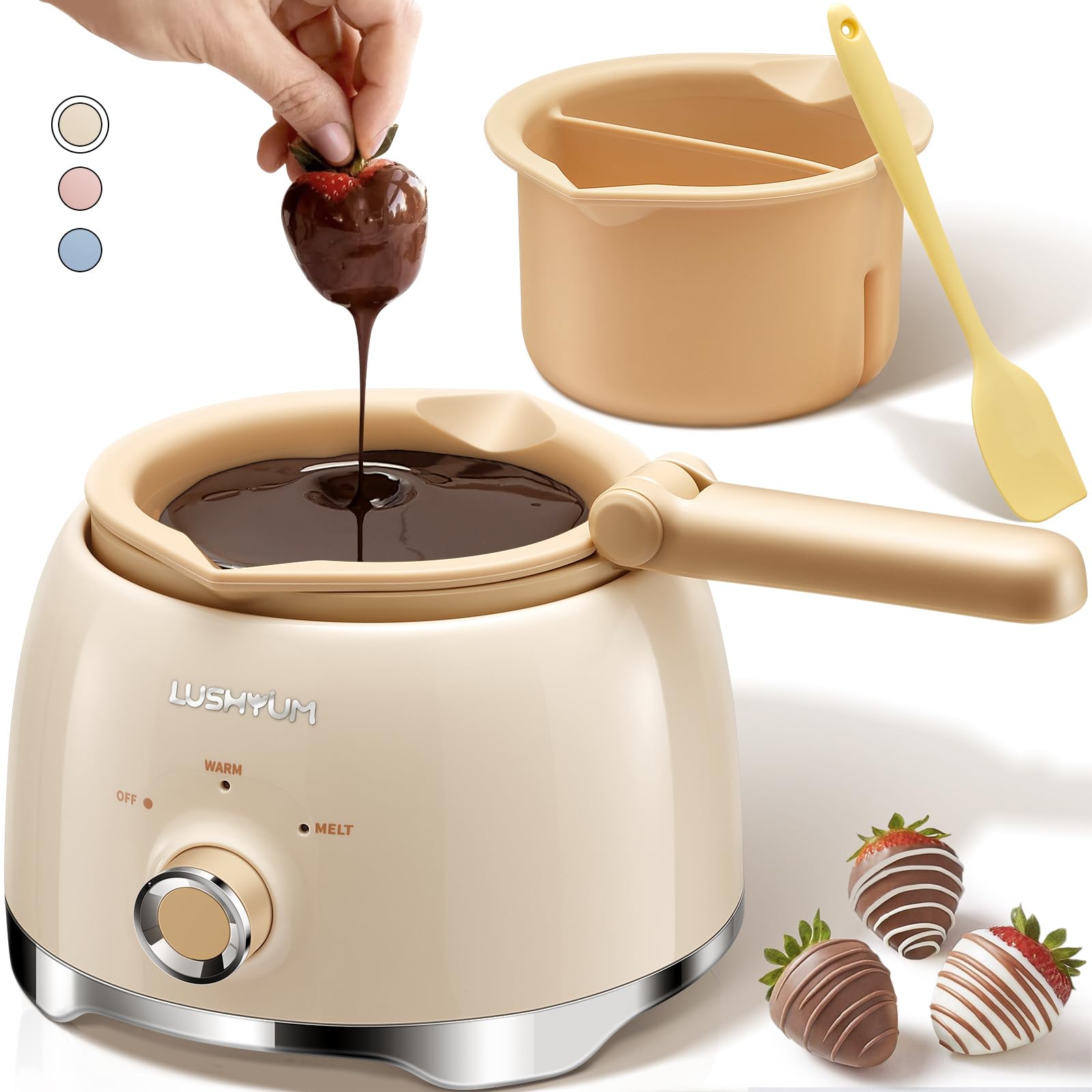 Olla derretidora LUSHYUM frente, chocolate suave al instante.