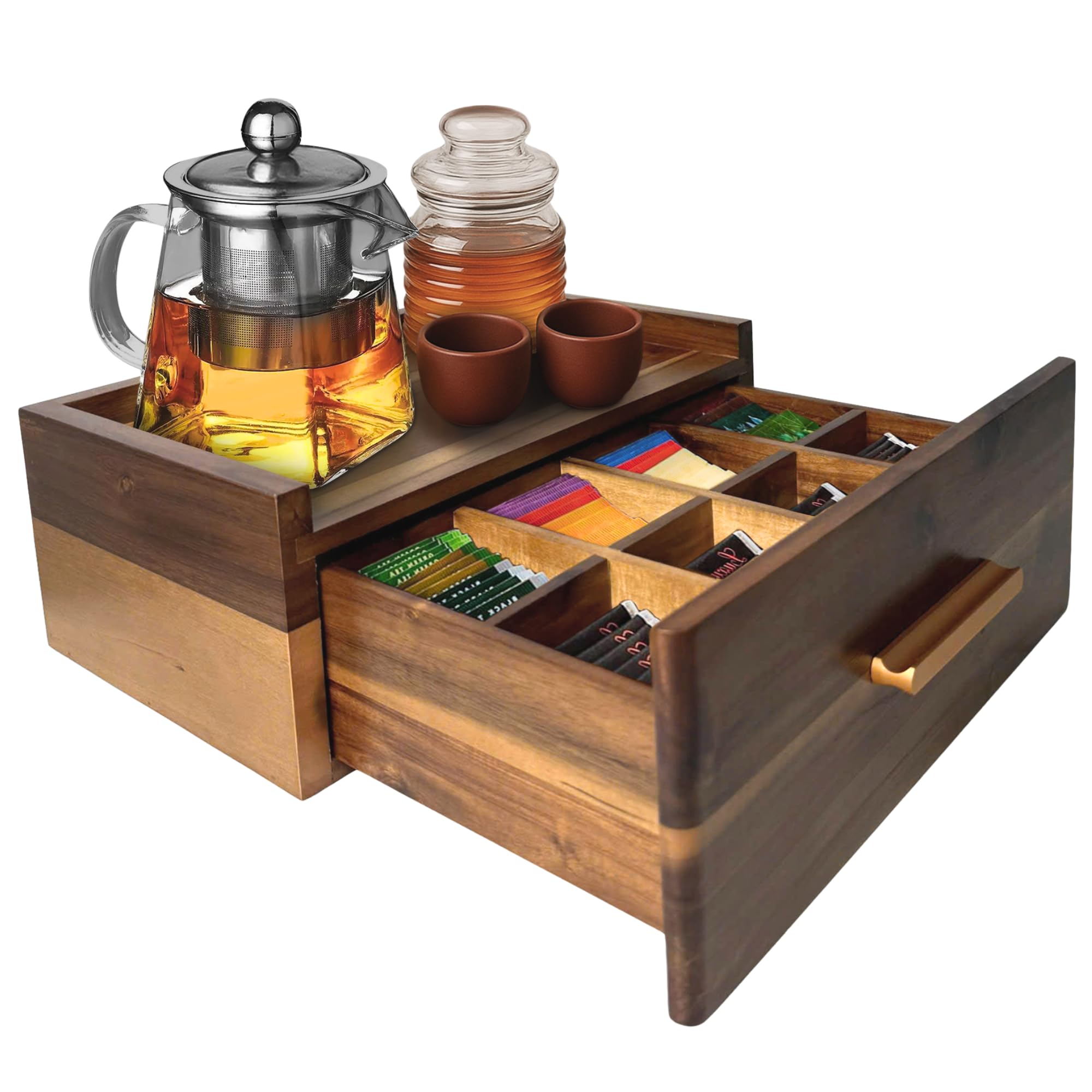 LUSHZLUMBERA Organizador de té con cajón en madera de acacia para bolsitas.