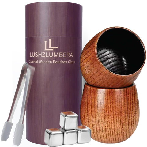 Vaso LUSHZLUMBERA de whisky con roble carbonizado realza aroma.