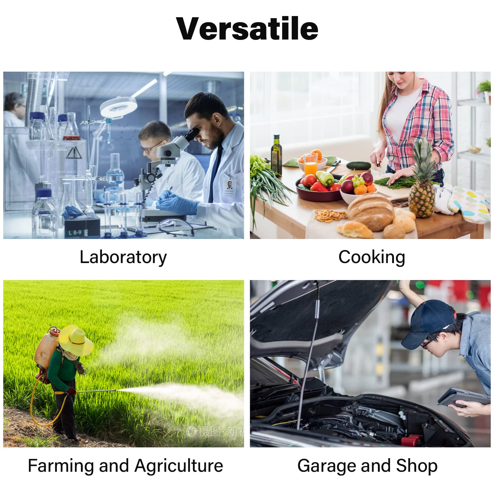 Uso versátil en automotriz, piscina, cocina y cuidado del césped.